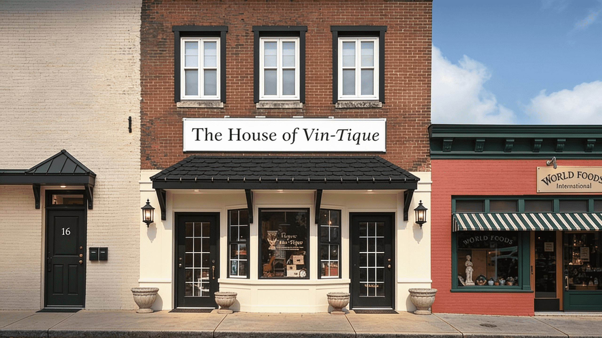 AI recreation of the building as it stands today, as The House of Vin-Tique, in daylight.